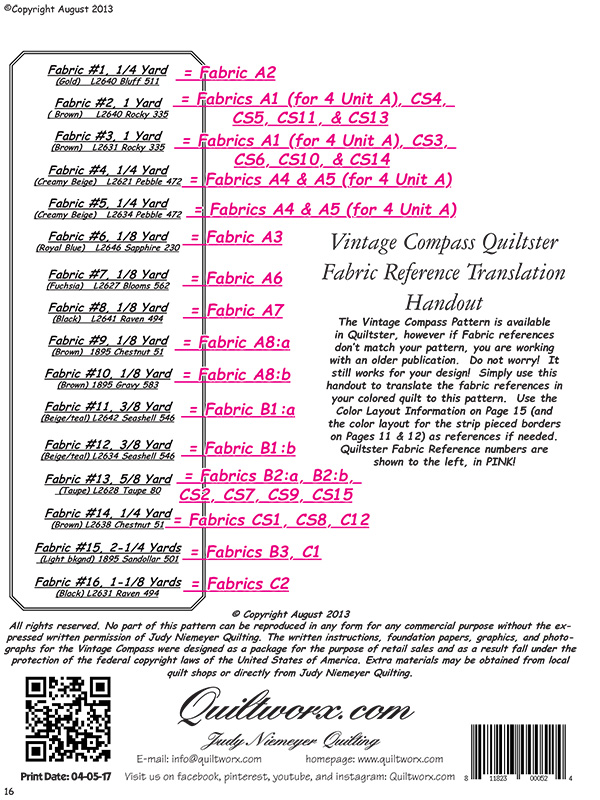 Fabric Reference Translation for Old Vintage Compass to Quiltster