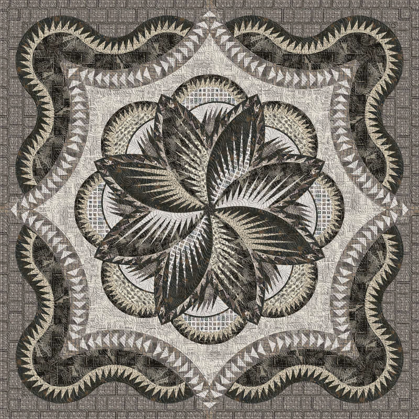 Charcoal Hosta Hues Kit • 100x100 This kit contains everything you need including detailed pattern instructions, paper templates, and fabrics to complete this project. It comes with 26 5/8 yd of fabrics including binding. We're offering 50% off the mixer pattern price. You are not able to purchase the pattern or fabric kit individually. Kit with Pattern Sale: $438.25 ($480.50)