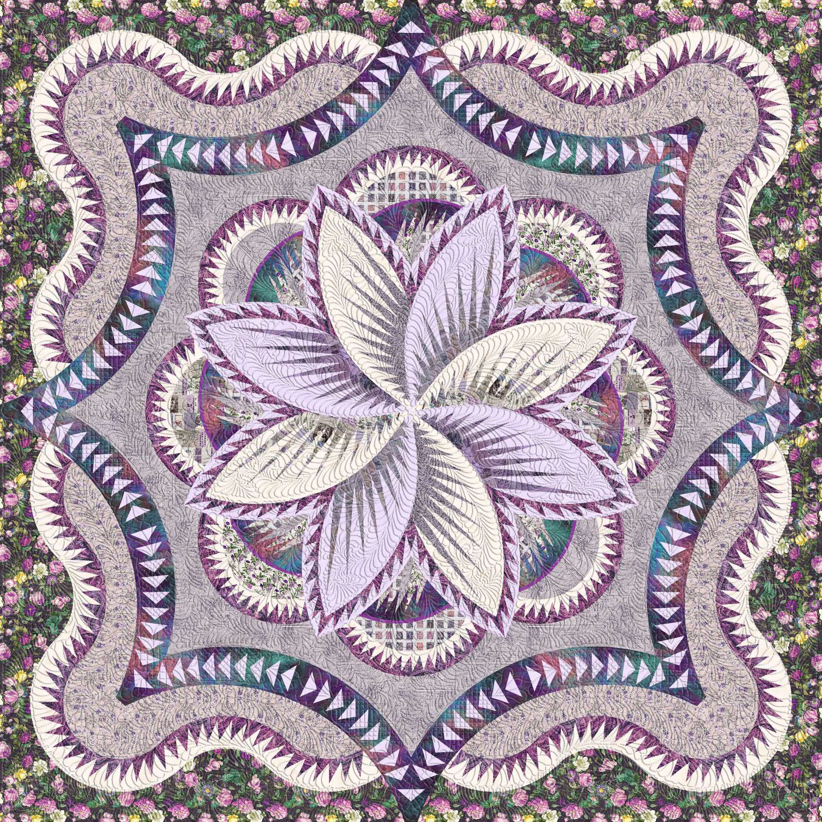 Purple Hosta Hues Kit • 100x100 This kit contains everything you need including detailed pattern instructions, paper templates, and fabrics to complete this project. It comes with 26 5/8 yd of fabrics including binding. We're offering 50% off the mixer pattern price. You are not able to purchase the pattern or fabric kit individually. Kit with Pattern Sale: $438.25 ($480.50)